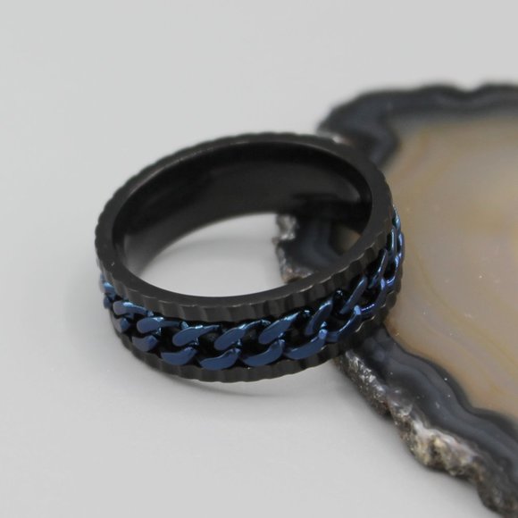 Other - Jewelry ring band 8mm wide blue black stainless steel chain design polished new